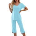 thumbnail image 2 of Women's Plus Size 2 Piece Pajamas Set Short Sleeve Top Capri Pants Lightweight Sleepwear Comfy Lounge Set with Pocket (2XL, Sky Blue), 2 of 7