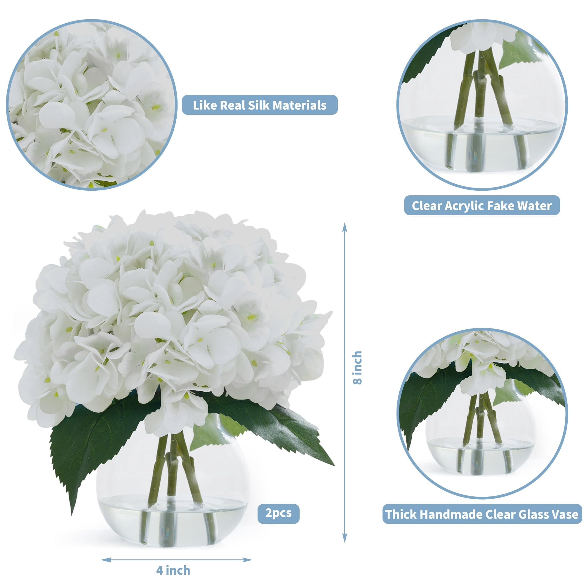 2-Pack Artificial Hydrangeas in Glass Vase with Faux Water - White Faux Flower Arrangement for Table Centerpiece, Home Office, Shelf & Bathroom Decor