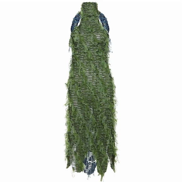 Color Patchwork Backless Tassel Mesh Maxi Party Dress Women See through