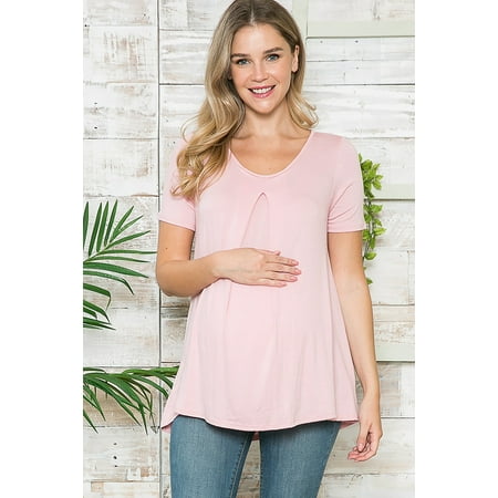 

Women s Maternity Round Neck Front Pleats Short Sleeve Solid Top