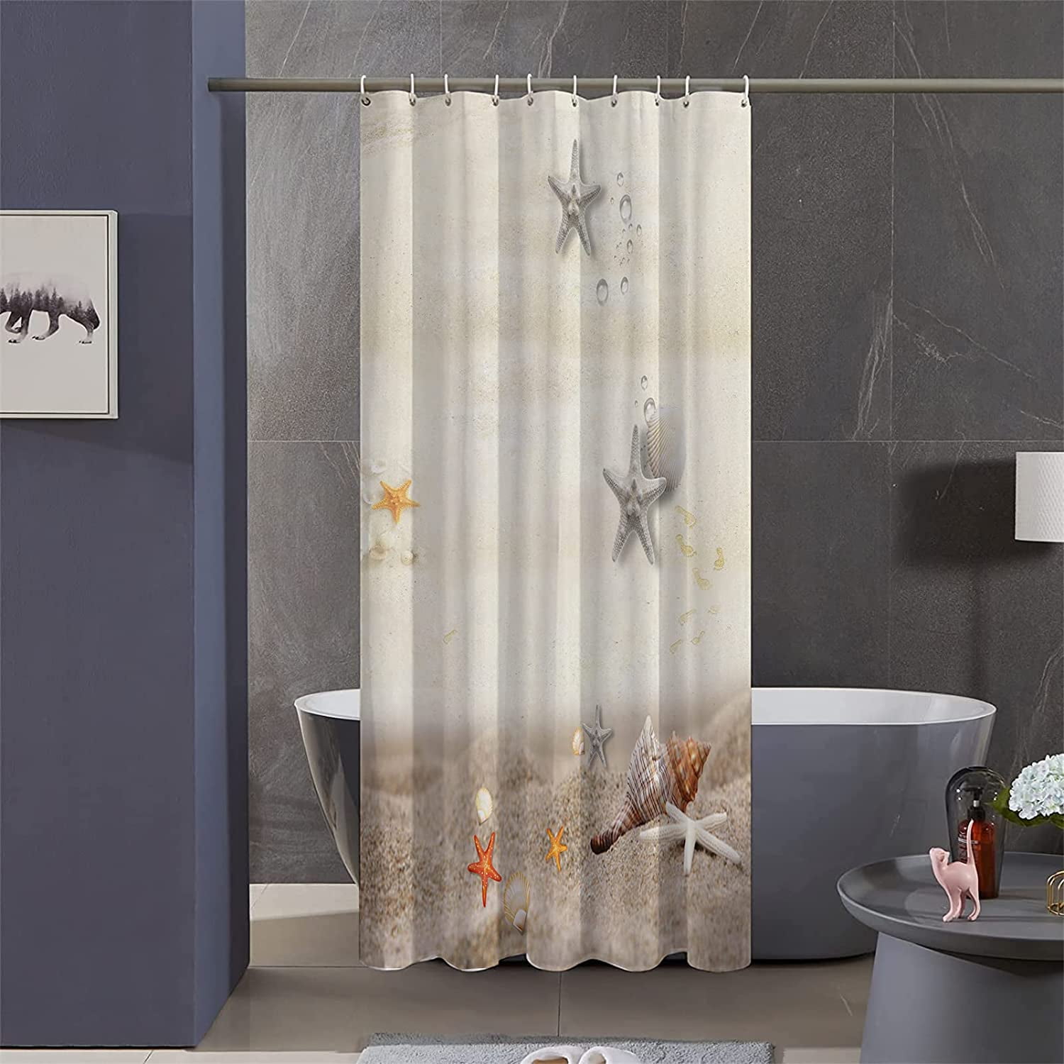 Extra Long 72x84 Nautical Coastal Shower Curtain Set with Hooks,Starfish  Seashell Coral Beach Bathroom Curtain,Waterproof Washable Fabric for Bathroom  Decor 
