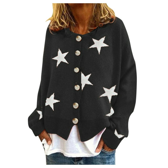2025 Gilets Manteaux pour Femmes Étoile Chandails Légers pour Femmes Été Imprimé Manches Longues Col Rond Tenues d'Automne pour Femmes Chandail Court