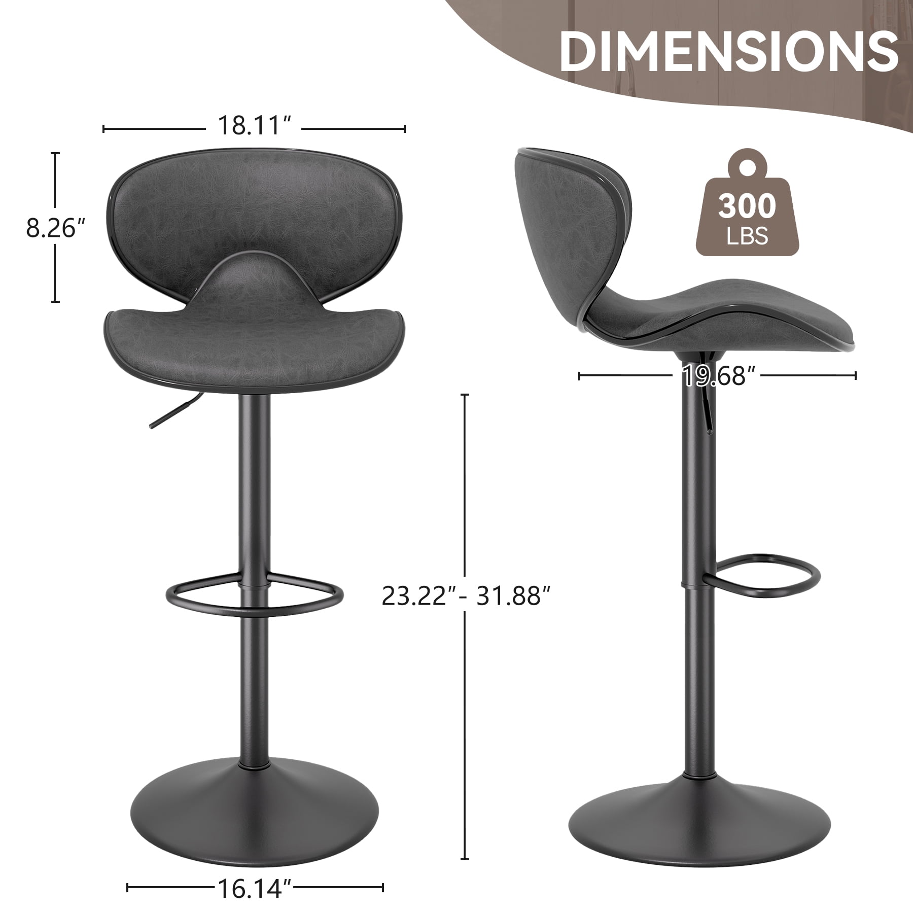Hawsaiy Adjustable Swivel Bar Stools Set of 2 with Back and Footrest, Faux Leather Counter Height Kitchen Stools, Modern Bar Chairs for Island and Home Bar, Black