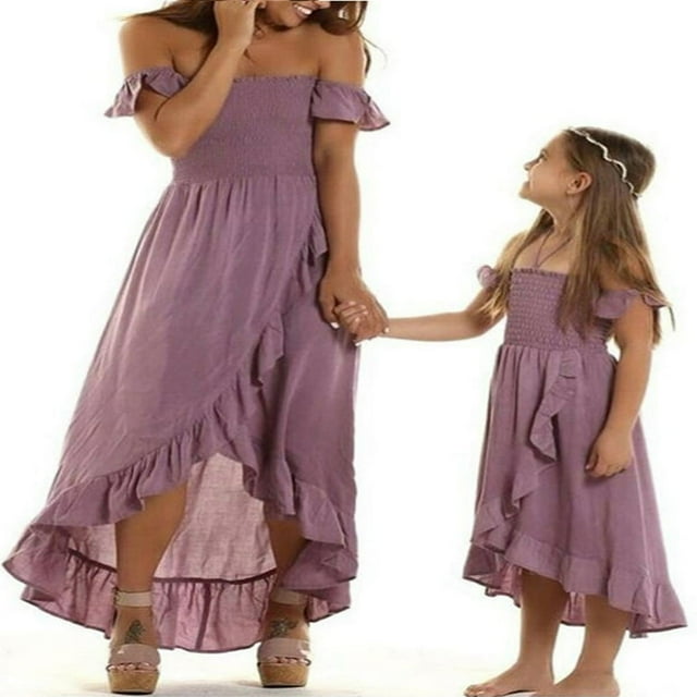 MISOWMNJOY Robes Maman et Moi Imprimé Floral Épaules Dégagées à Volants à Bretelles Barboteuse Robe Midi de Plage