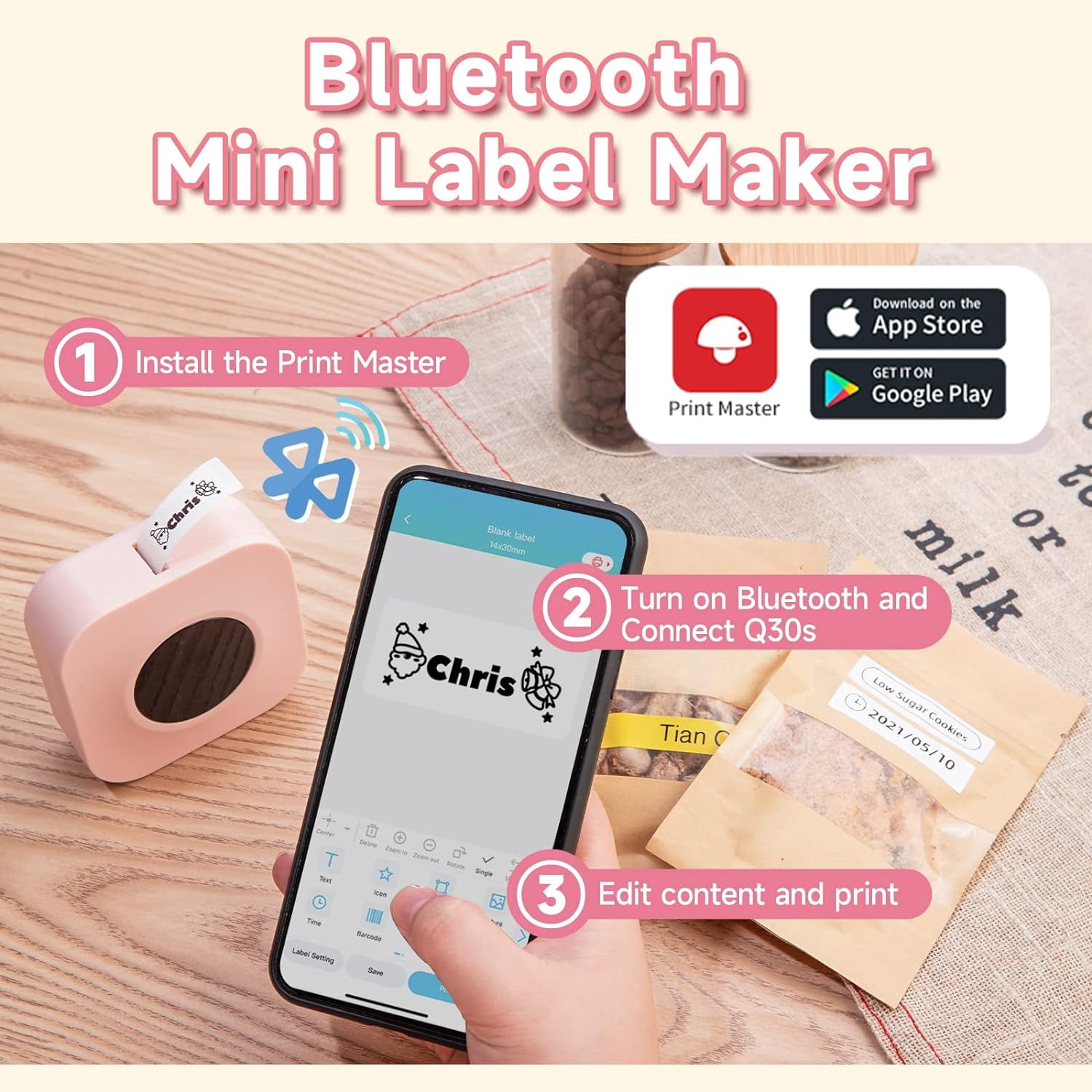 Phomemo Q30S Simplify Labeling with the Bluetooth Mini Label Maker Machine - Perfect for Office, Home, and Organizing - Includes 1 Rolls of Label Tape - Multiple Templates and Easy-to-Use (Pink)
