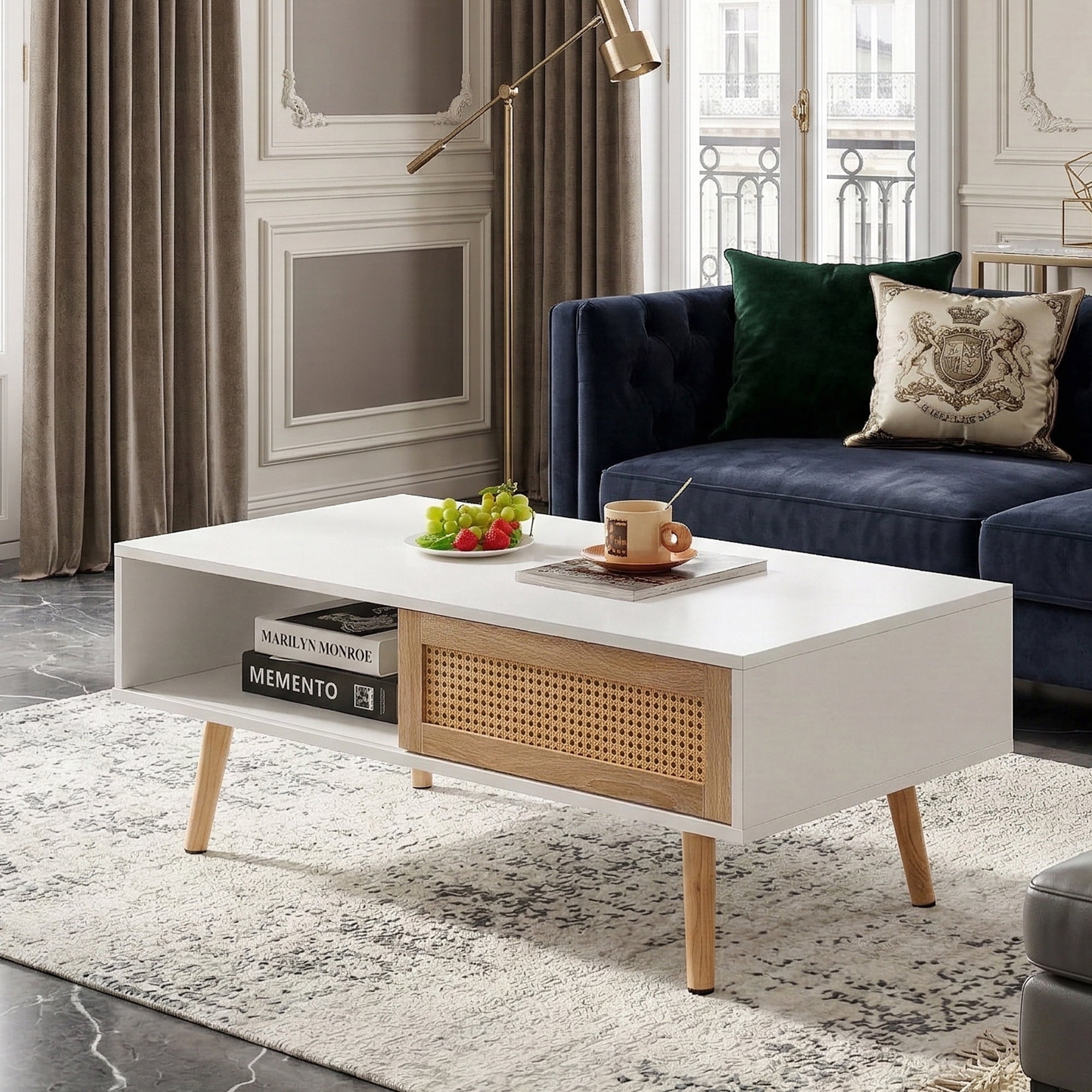 Leumius 41.3 Inch Rattan Coffee Table with Sliding Storage Door, Rectangle Wooden Accent Center Sofa Table with Solid Wood Legs,Suitable for Living Room,White