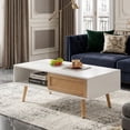 thumbnail image 2 of Leumius Modern Coffee Table with Storage,41.3 Inch Rectangle Wooden Accent Center Tables with Sliding PE Rattan Woven Door Panel and Solid Wood Legs, Suitable for Living Room, Apartment,White, 2 of 11