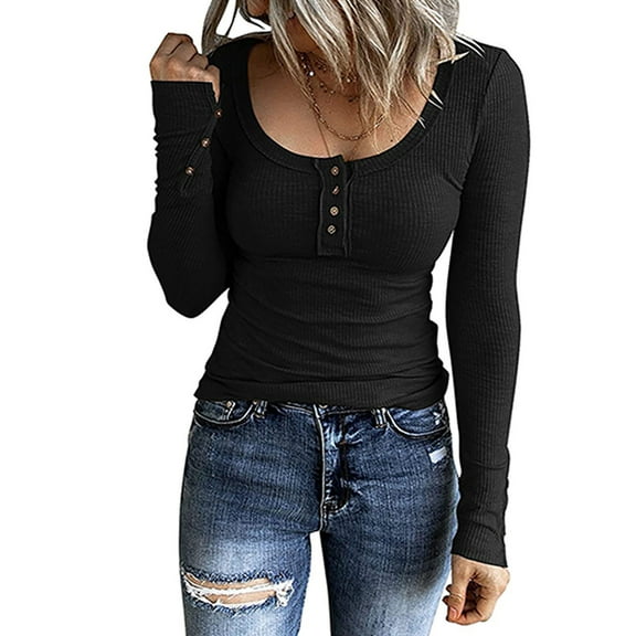 Black and Friday Clothing Sales Idoravan Slim Fit Women Long Sleeve T-shirt Basie Tees,Women's Casual Solid Color Buttons Long Sleeve V-Neck Loose Shirt Blouse Top Black S