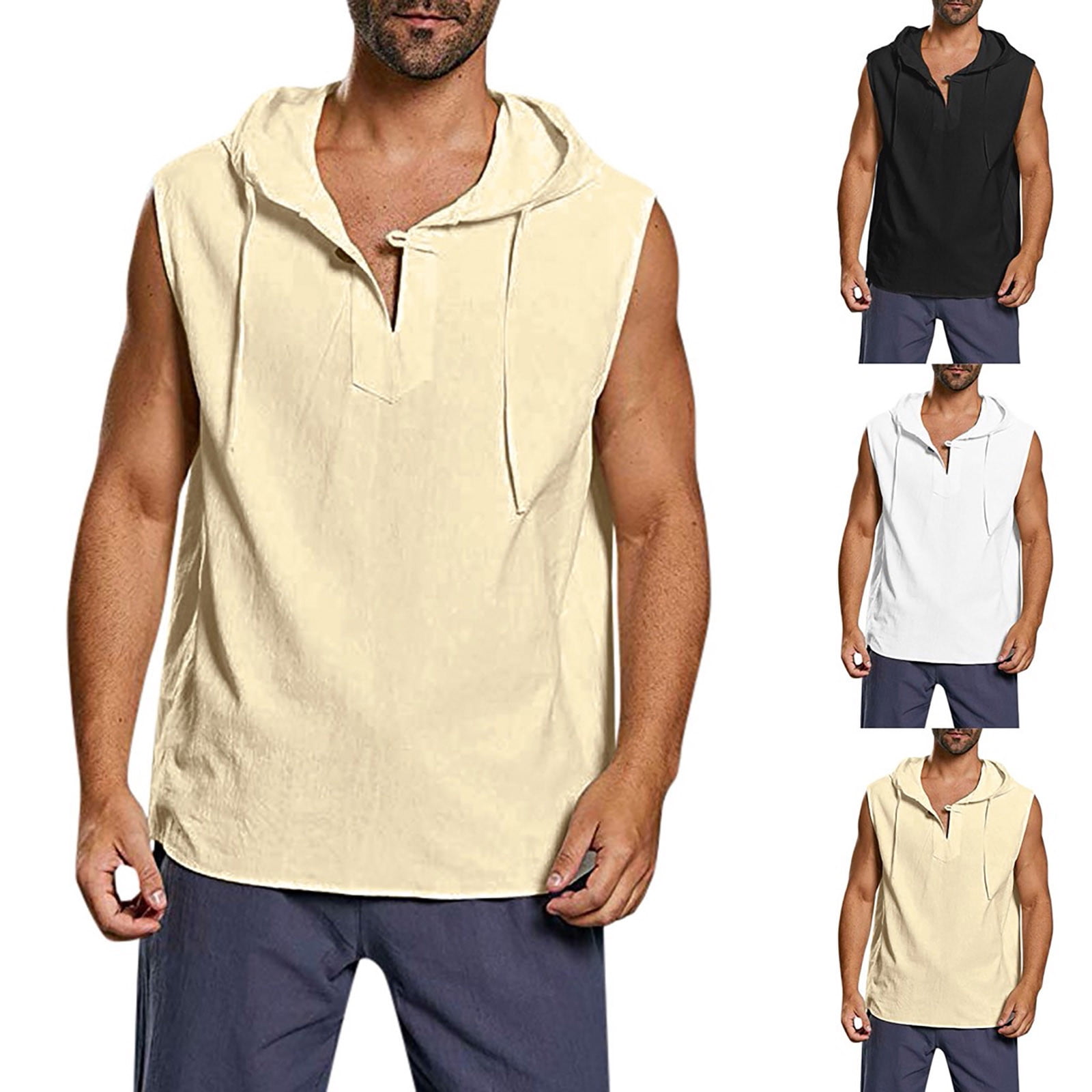 Men Cotton Linen Tank Tops Casual Summer Hooded Sleeveless Shirts Loose