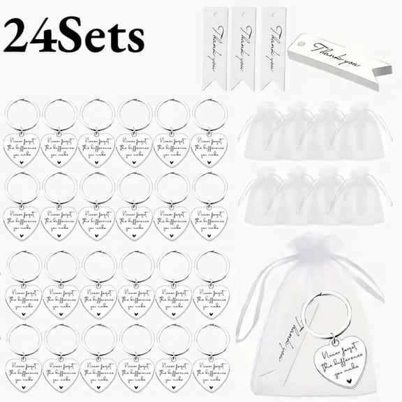 24 Sets Inspirational Heart Keychains with Cards & Clear Gift Bags, Engraved "Never Forget the Difference You Make" Appreciation Key Rings for Employee, Teacher Gifts, Team Recognition, Party Favors
