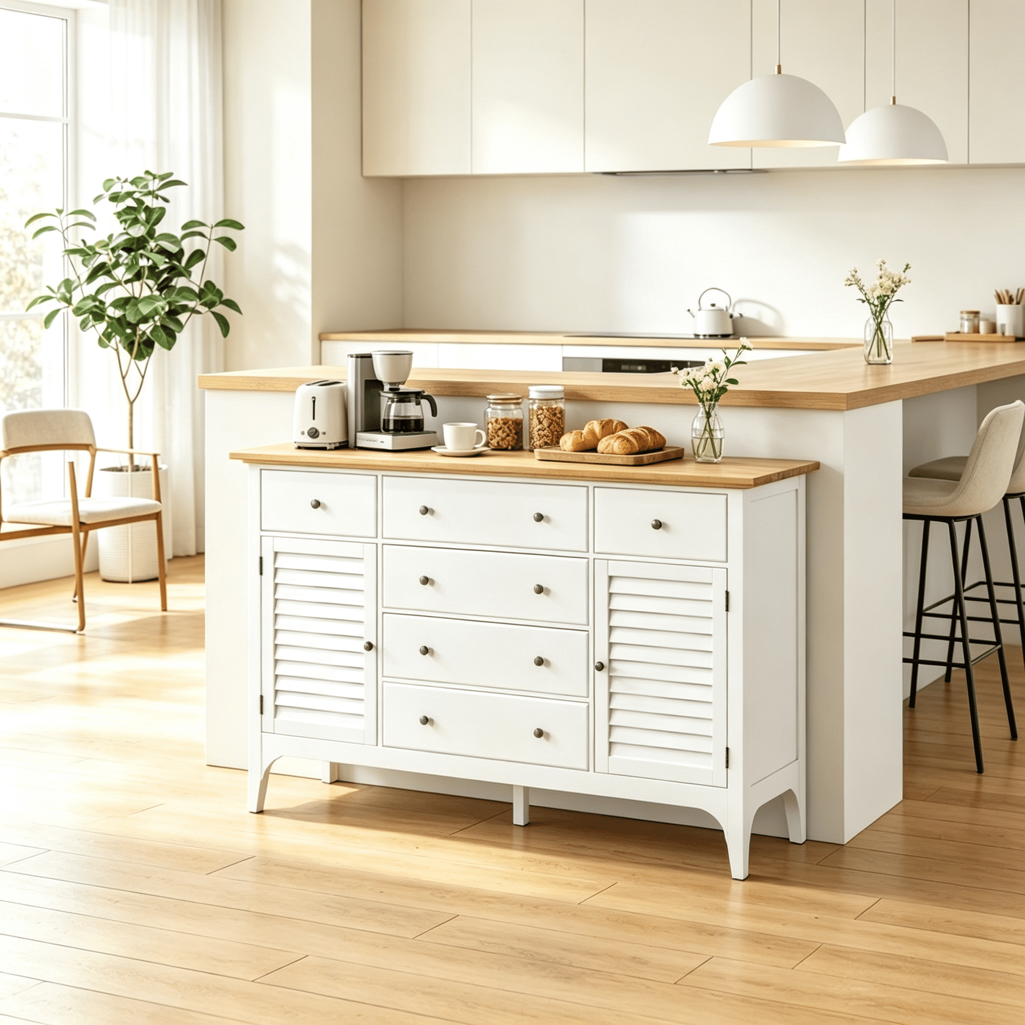 Adjustable Shelves Sideboard, Buffet Cabinet with Storage Drawers, Rubber Wood Top Coffee Bar, White
