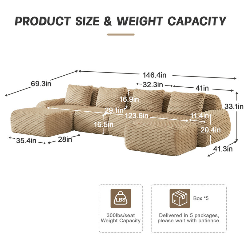 146" Modern U-Shaped Modular Sectional Sofa for Living Room,Flannelette Fabric,Oversized 4-Seater Couch,boneless sofa ,Movable Ottoman,Buckle connection,Anti-slip Design,No Assembly,Light Camel