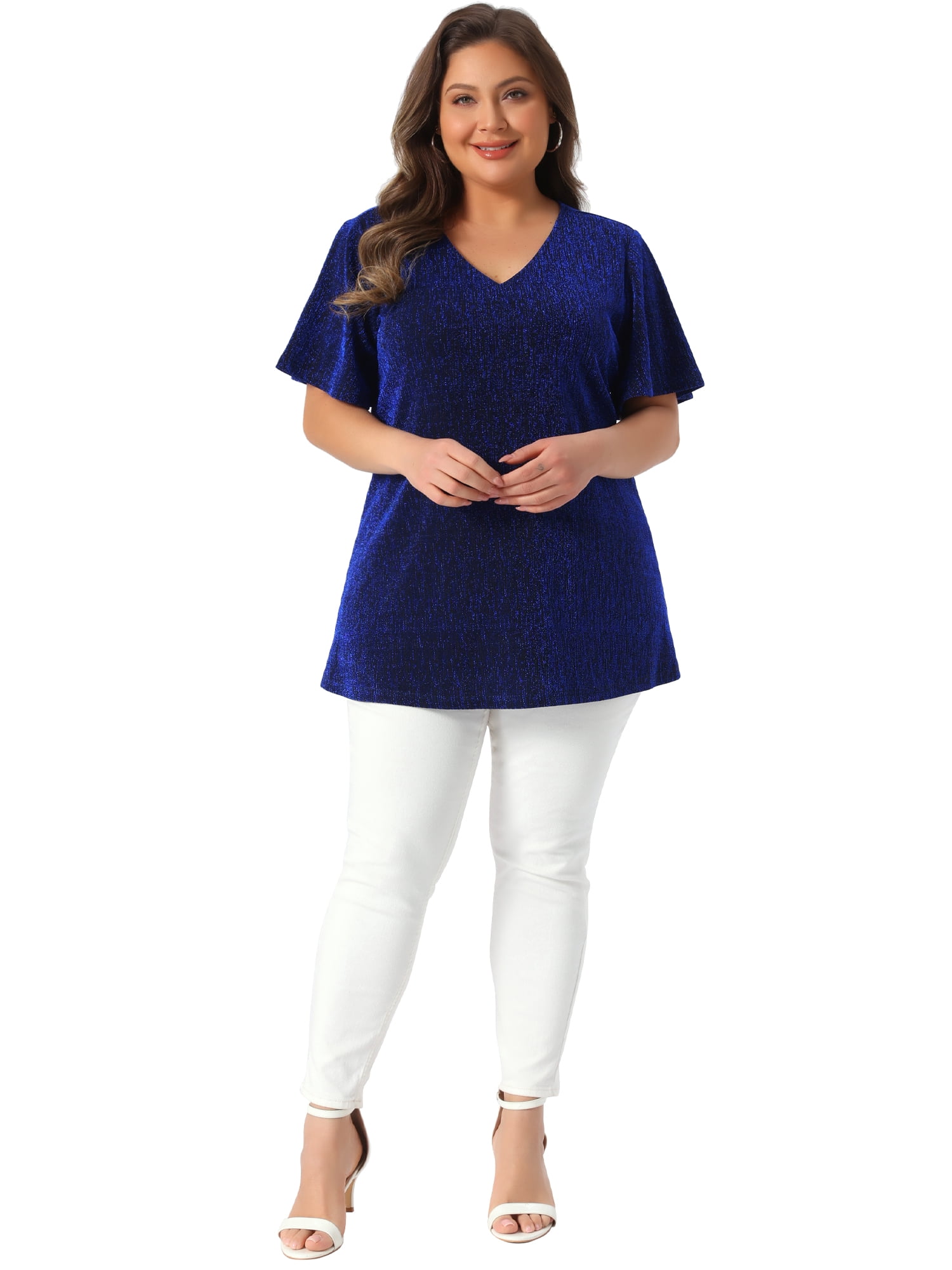 Women's Plus Metallic Tops V Neck Short Sleeve T-Shirt Party Top Glitter Blouses 2X Royal Blue