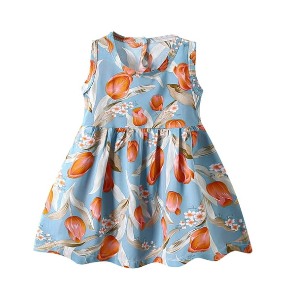 Odeerbi Niñas Verano Algodón Vestido Tanque Floral Vestido Sol Sin Mangas A-Vestido Sin Mangas de Princesa