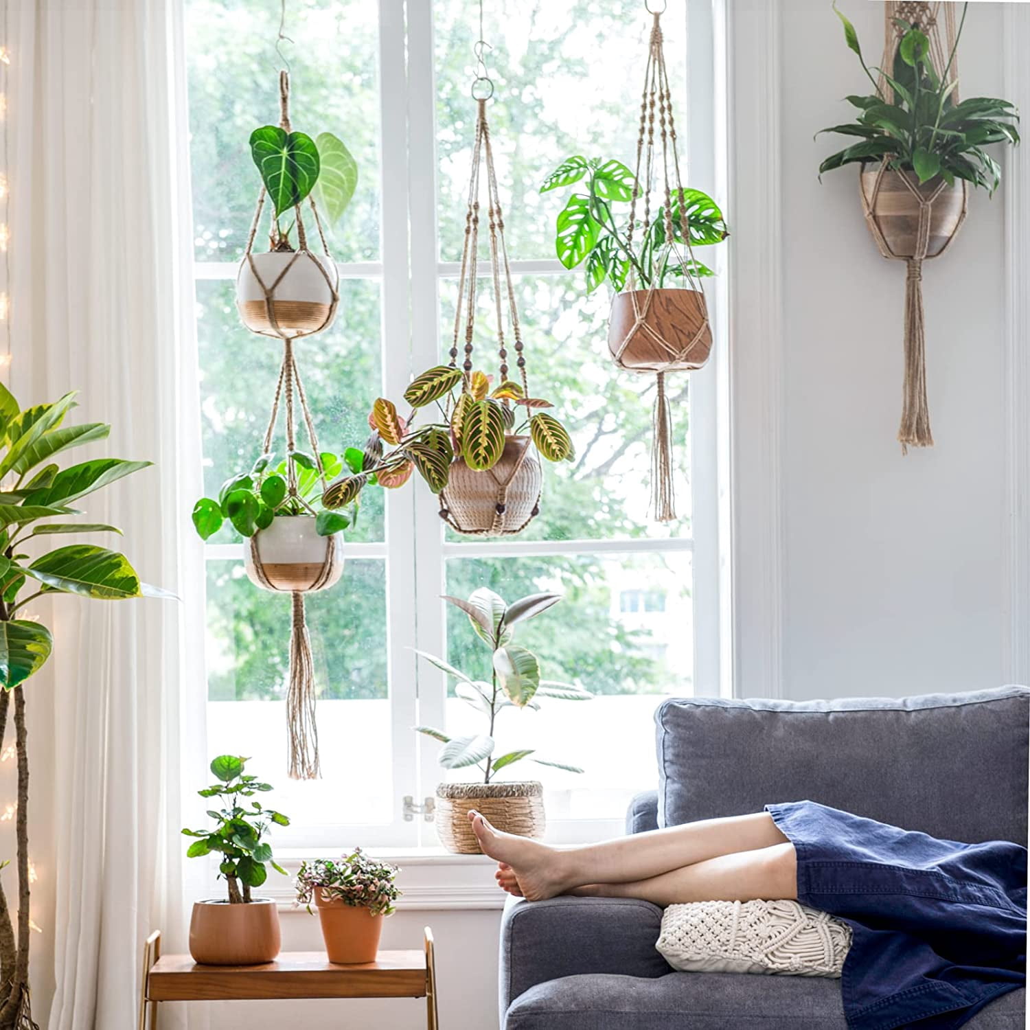 4PCS Macrame Plant Hangers, Indoor Hanging Planter Basket, Wall Decorative Flower Pot Holder with 4 Hooks for Indoor Outdoor Home Decor Gift Box