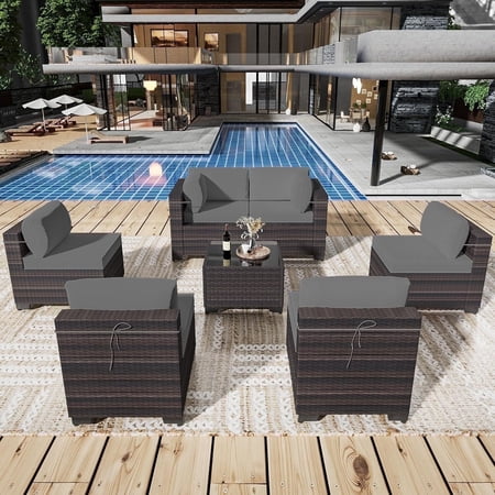 ASJMR 7 Pieces Outdoor Patio Furniture Set Outside PE Rattan Wicker Sectional Sofa Conversation Sets with Coffee Table and Grey Cushions