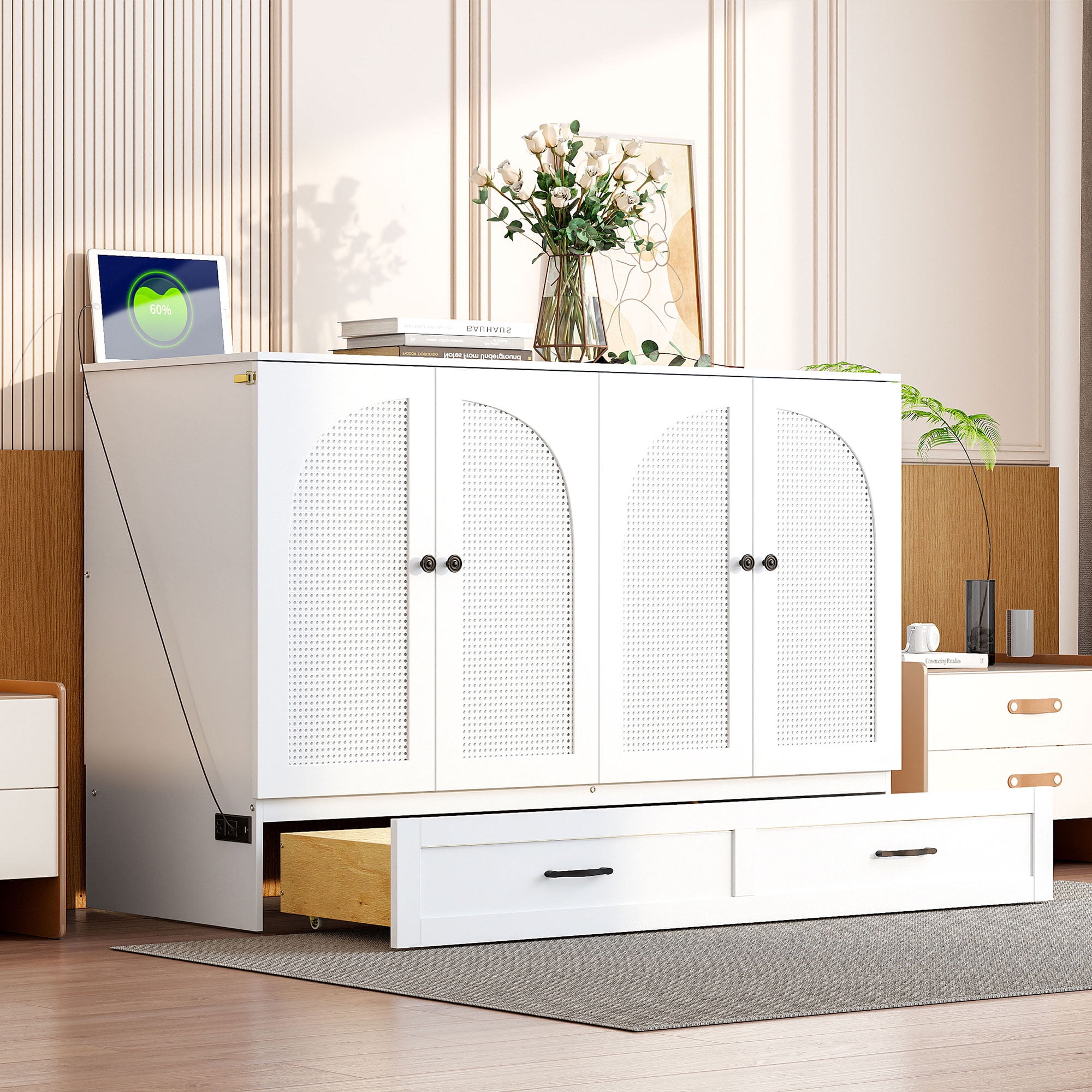Harper & Bright Designs Rattan Full Size Murphy Bed, Wooden Full Murphy Bed Frame with Large Drawers, Folding Wall Chest Cabinet Bed for Guest Room, White