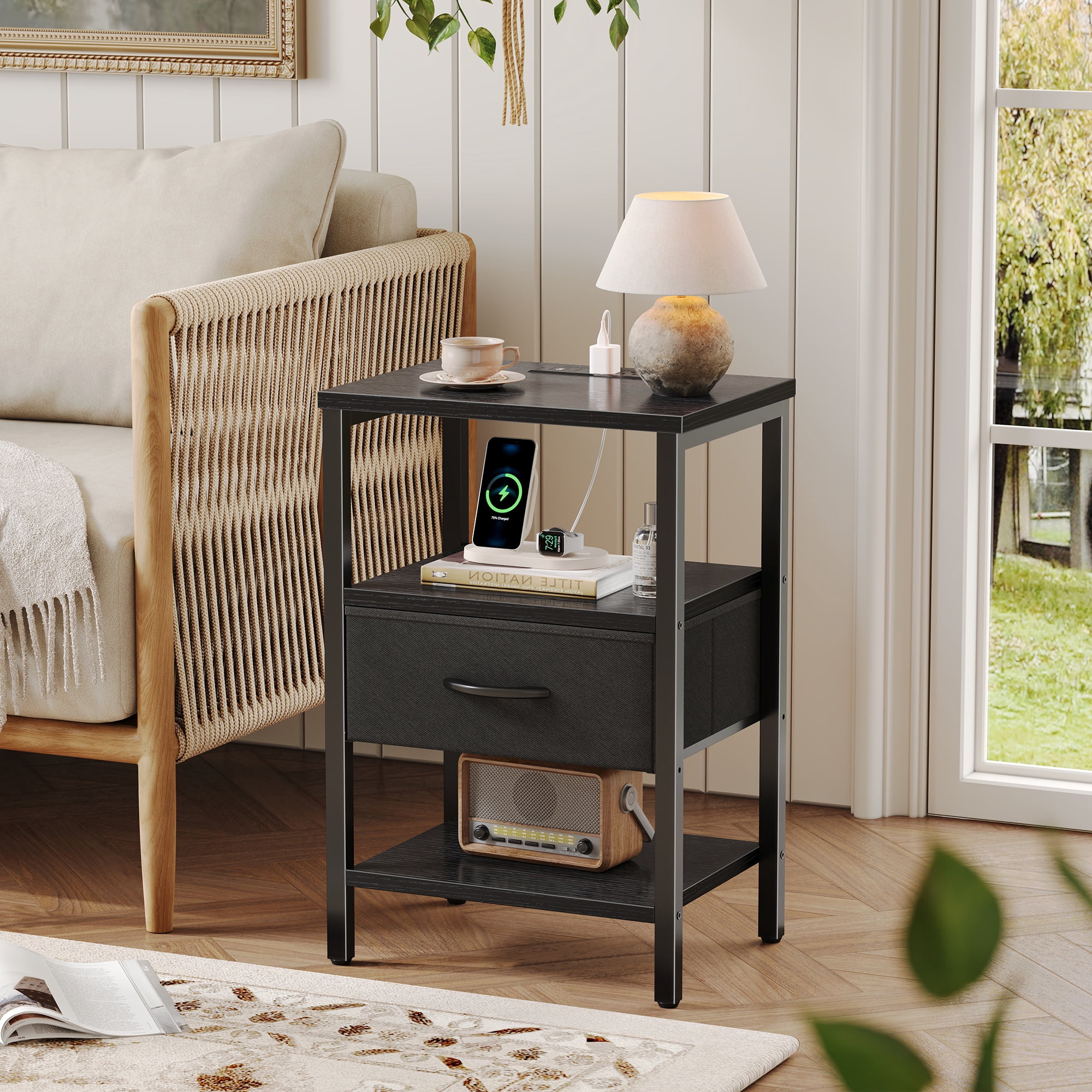 Nightstand with Charging Station, Adjustable Fabric Drawer, 3-Tier Bed Side Table, Night Stand for Bedroom, Storage End Table, Black