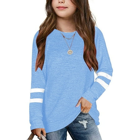 

HNMKIU Camisole Kids Girls Casual Crewneck Tunic Tops Long Sleeve Pullover Sweatshirt Casual Loose Blouse T-Shirt Blue 6-7 Years