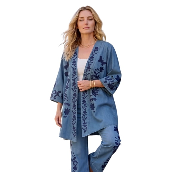 Roaman's Women's Plus Size Chambray Embroidered wrap