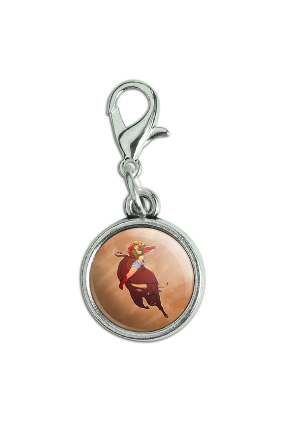 Cowgirl Pinup Riding Bucking Bull Rodeo Antiqued Bracelet Pendant Zipper Pull Charm with Lobster Clasp