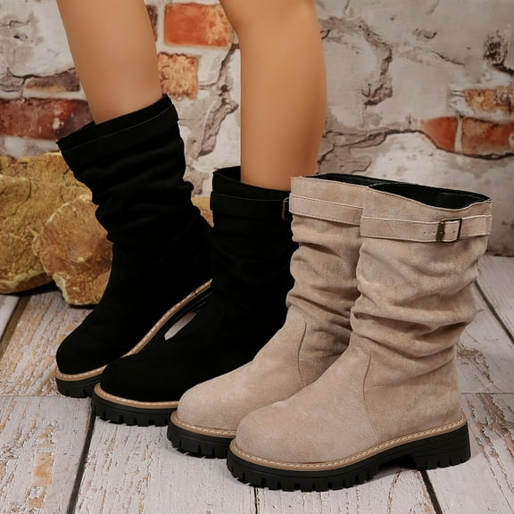 Hinvhai Mid Calf Boots for Women Round Toe Low Heel Boots Biker Motorcycle Riding Boots Buckle Classic Leather Booties Khaki 9.5(43)