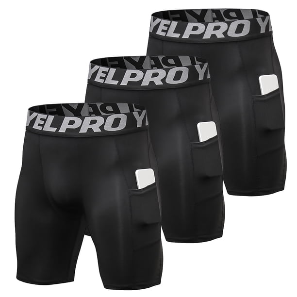 Pantalones cortos de hombre 3 Pack Men Compression Shorts Ropa interior de entrenamiento activo con bolsillo YEL Pantalones cortos de hombre