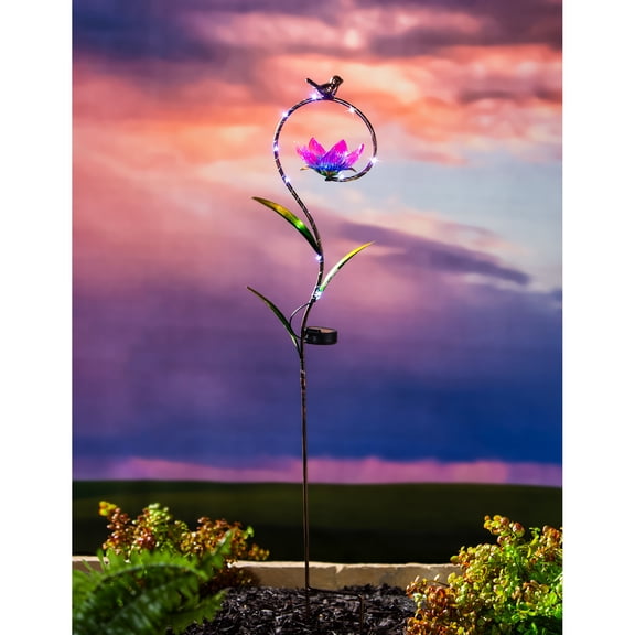 38"H Solar Garden Stake, Flower with Bronze Bird