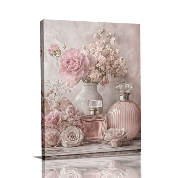 “Pink Flowers & Perfume Bottles (Soft Tone)” Vintage Canvas Wall Art Ready to Hang for Living Room and Bedroom