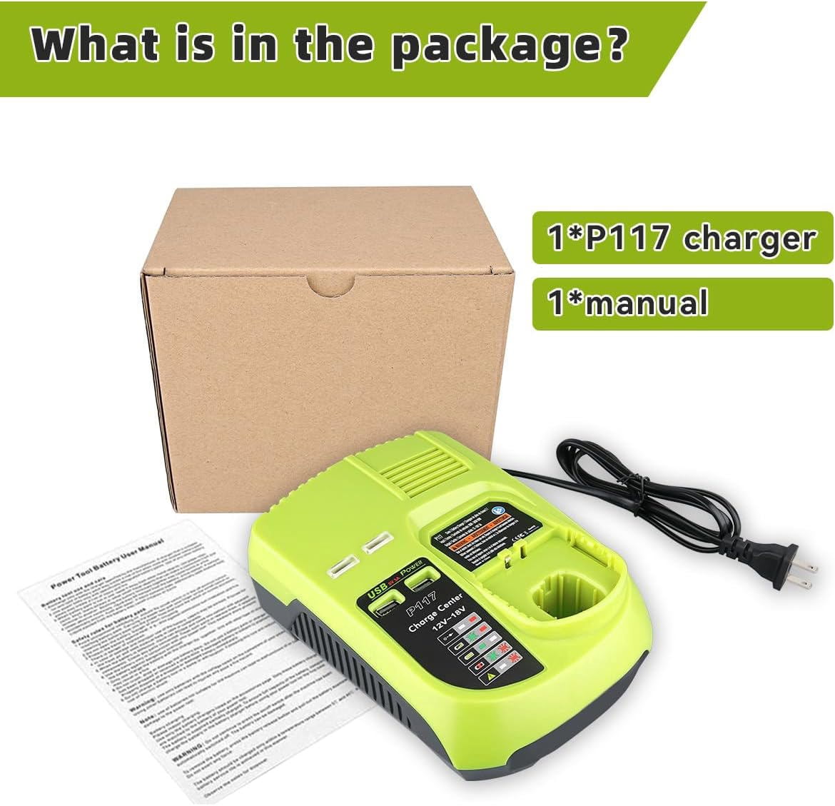 P117 Lithium Ion Dual Chemistry Battery Charger for Ryobi One+ 18V Lithium-Ion NiCd NiMh Battery P100 P101 P102 P103 P104 P105 P107 P108 P118 with 2 USB Port
