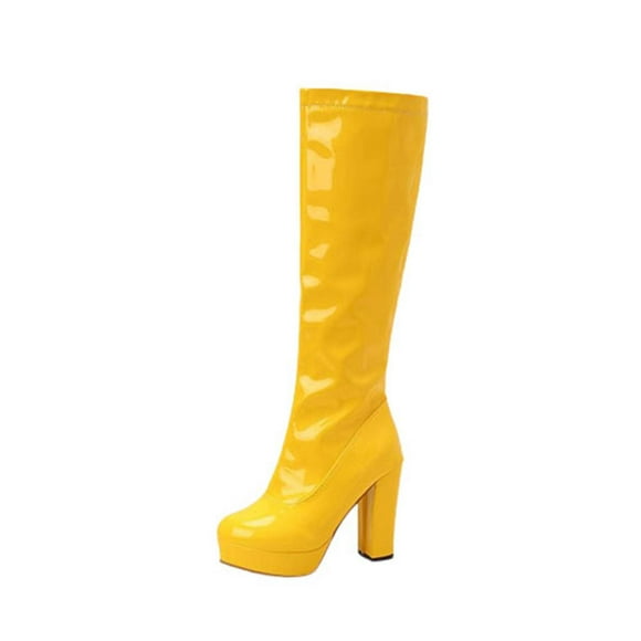 Jsaierl Knee High Boots for Women Gogo Boots 70s Boots,Leather Square Toe Chunky Heel Platform Dress Boots, Fashion Long Chunky Tall Gogo Boots for Fall