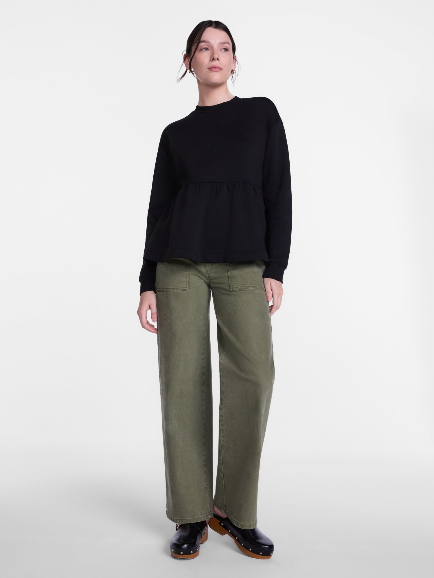 Scenario Women's Peplum Fleece Pullover with Long Sleeves, Size XS-XXXL