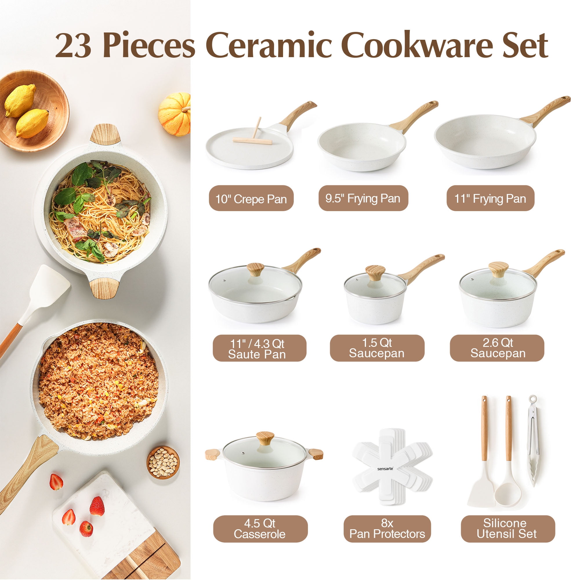 SENSARTE 23-Piece Ceramic Pots and Pans Set, White Induction Nonstick Cookware Set, Healthy Kitchen Cooking Sets with Stay-Cool Handles, Stackable