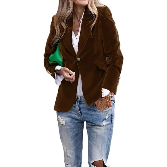 Women'S Velvet Blazer Single Button, Elegant Faux Pocket Office Coat Lapel for Work Formal Brown S