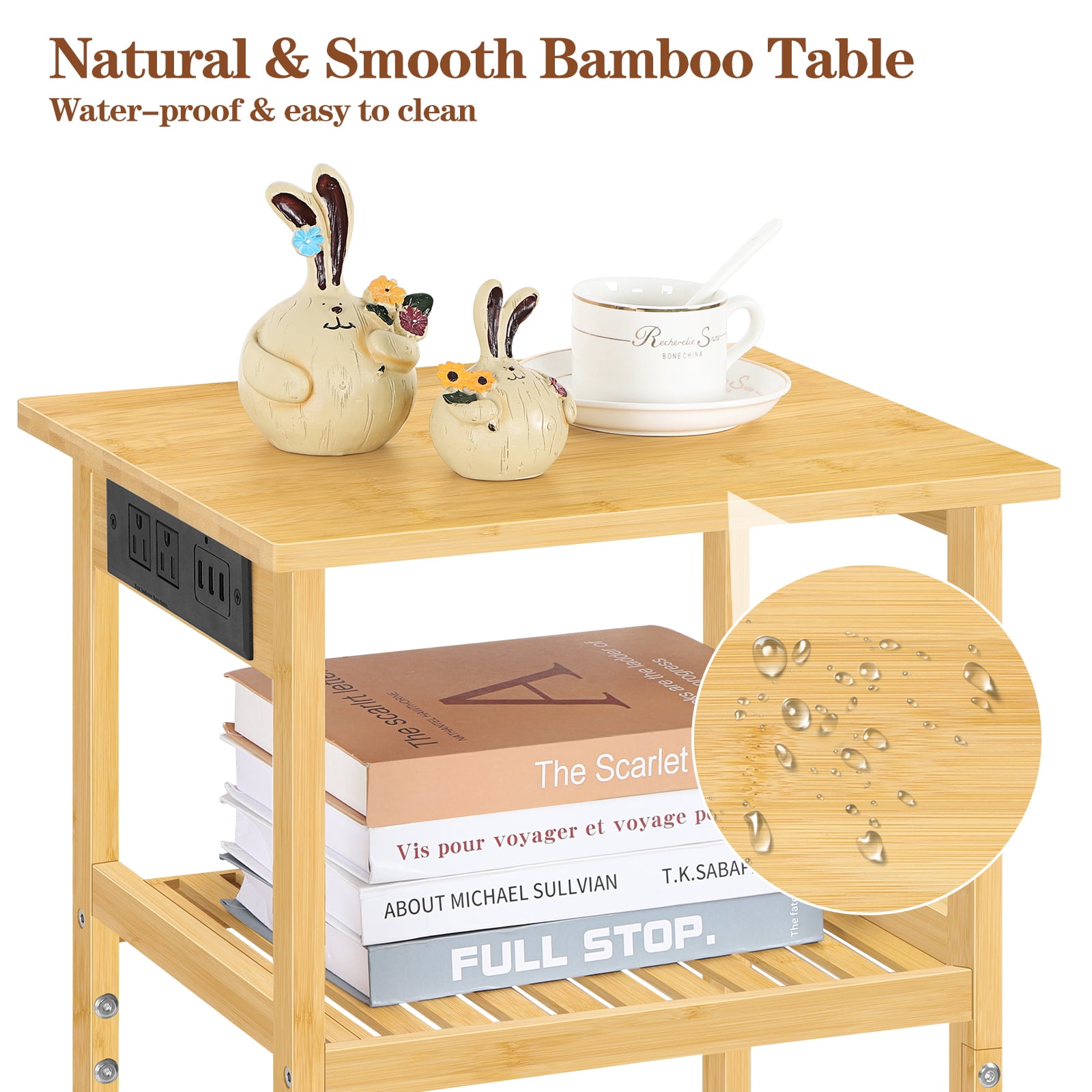 Wood Bamboo Nightstand with Charging Station, 3鈥慣ier Open Shelf End Table for Bedroom Living Room