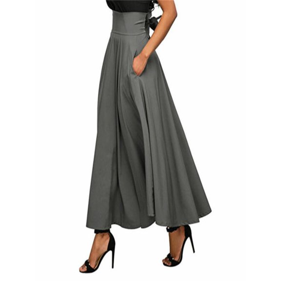 Gureui Women's High Waist Pleated A Line Maxi Skirt Vintage Slit Belted Ankle Length Flared Swing Long Skirt with Pockets Streetwear