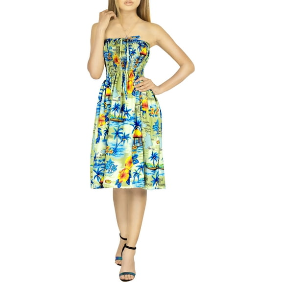 HAPPY BAY Women's Summer Boho Beach Backless Smocked Mini Swing Dress Tube Top Strapless Dresses for Women One Size Beige, Island