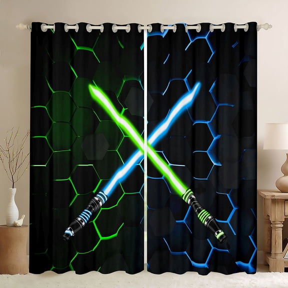 jejeloiu Neon Glowling Lightsaber Black Out Curtains,Abstract Geometric Honeycomb Curtains Pack of 2 (42x63 Each),Green Blue Hexagon Bedroom Curtains For Kids,Luxury Bedroom Decor