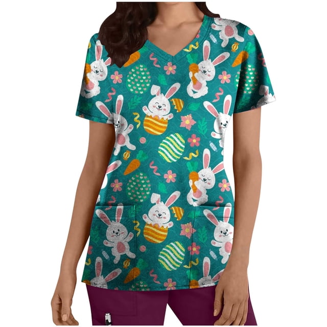 LSLJS Blouse d'Uniforme de Travail à Manches Courtes Col en V avec Poches, Imprimé Œuf et Lapin de Pâques pour Femmes