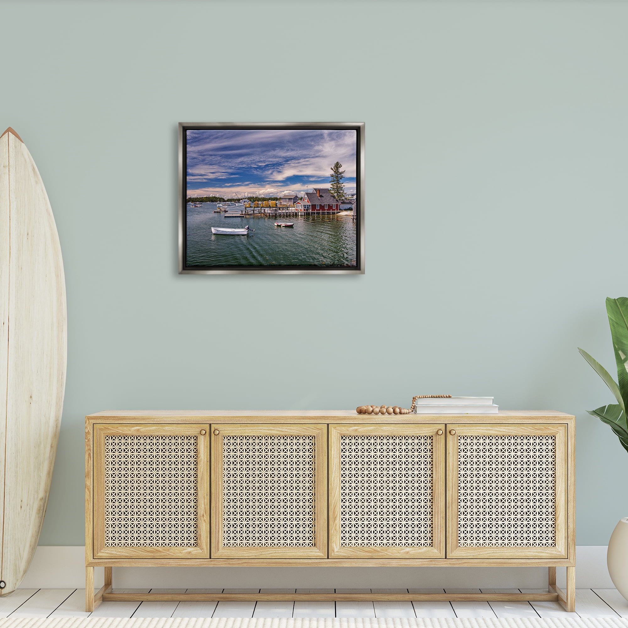 Stupell Seaside Marina Boat Harbor Landscape Photography Gray Floater Framed Art Print Wall Art
