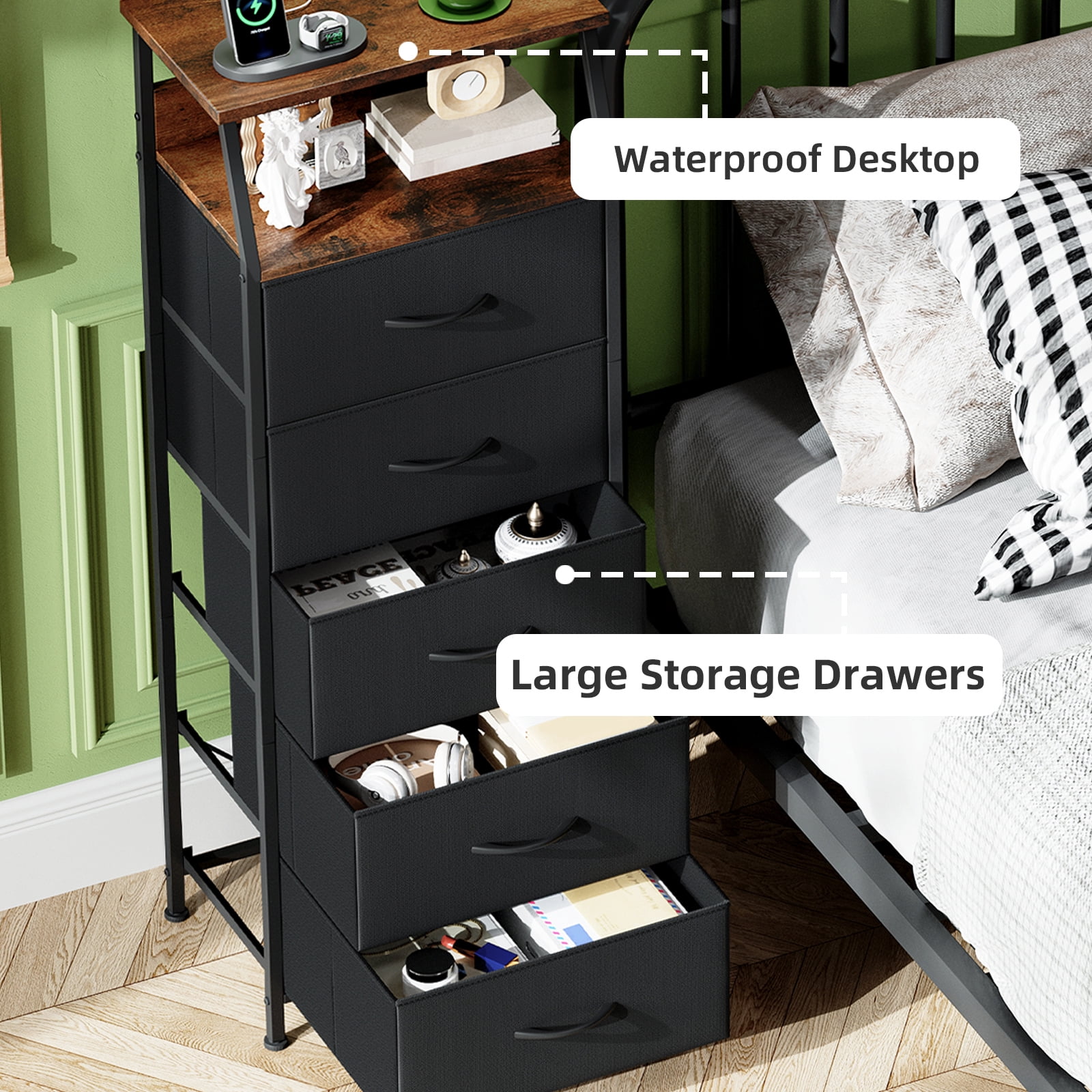 Eunos Black Tall Nightstand with Charging Station and LED for Bedroom, 5 Drawer with Storage Shelfs
