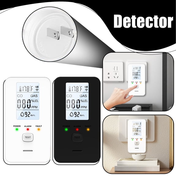 4-in-1 Air Quality Monitor, Plug-in Detector, CO Gas Tester, HD LCD Display, Visual LED Alerts, Home Safety, Hotel Room Monitor, RV Camping Guard, Marine Vessel Sensor