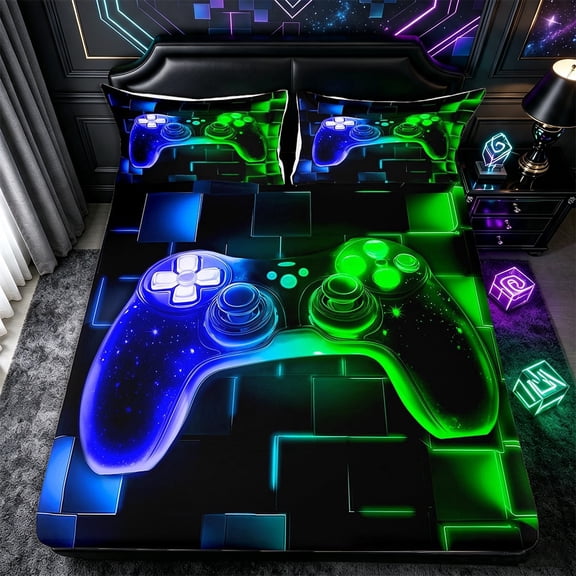 Erosebridal Kids Gamer Bed Sheets Twin,Gaming Fitted Sheet,Video Games Gamepad Sheets Neon Glowing Square Geometric Grid Blue Green Bed Set