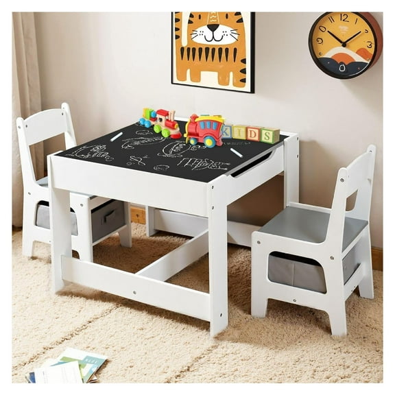 Kids Table and 2 Chairs Set, 3 in 1 Wooden Activity Table W/Storage Drawers, 2 in 1 Detachable , Storage Space, Play Table Set for Toddlers Arts, , Drawing, Reading, Gray Grey