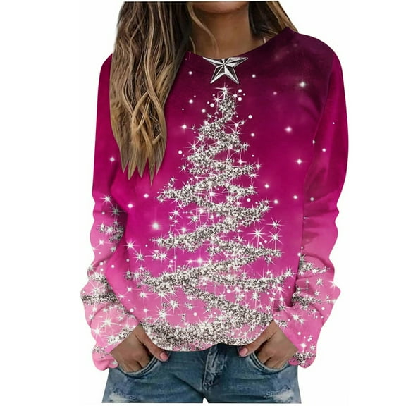 gakvbuo Ugly Christmas Sweater for Women 2024 Funny Christmas Sweatshirt Crewneck Xmas Print Long Sleeve Blouse Party Pullover Sweatshirt Tunic Tops Hoodless Shoulder Sweatshirt Gifts for Christmas