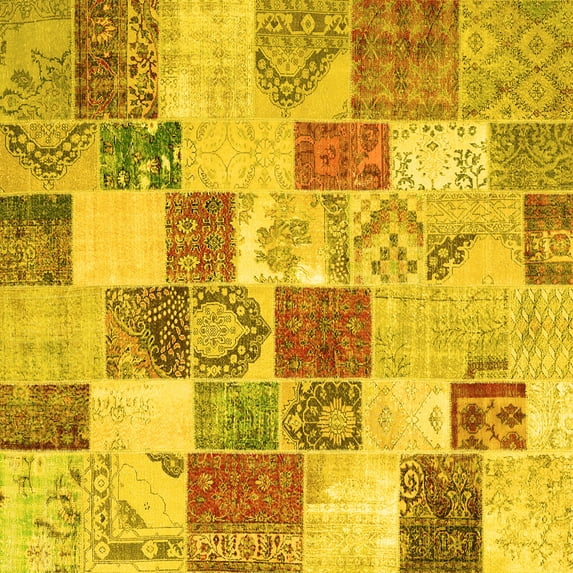 Ahgly Company Machine Washable Indoor Square Patchwork Yellow Transitional Area Rugs, 3' Square