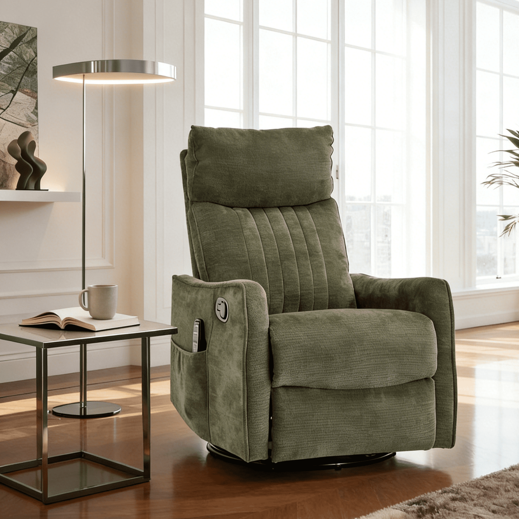 Gewnee 360° Swivel Rocking Recliner with Massage & Heat, Adjustable Reclining Angle, for Living Room & Office，Antique Green
