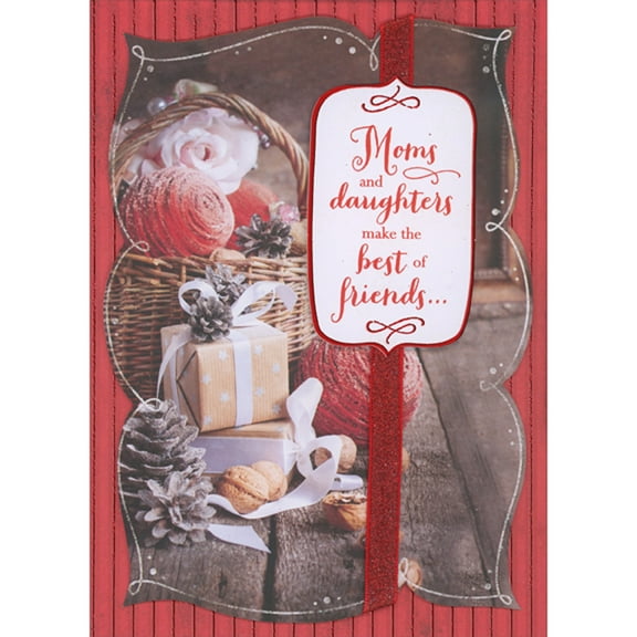 Designer Greetings Moms and Daughters Make the Best Friends 3D Die Cut Banner Over Red Ribbon: Wicker Basket, Pine Cones and Gifts Hand Decorated Christmas Card for Mom