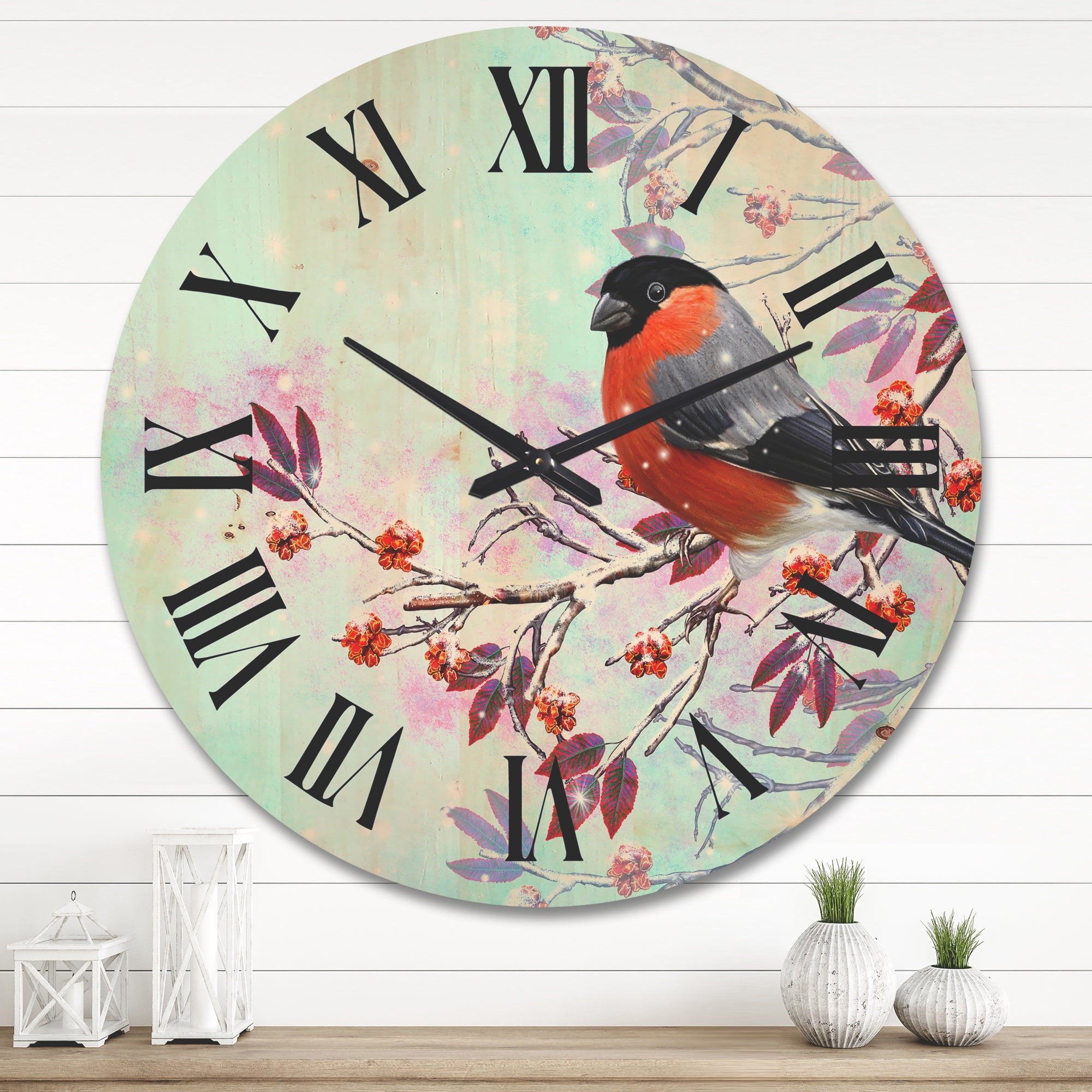 Designart 'A Bright Bullfinch Bird Sitting On A Branch' Traditional Wood Wall Clock