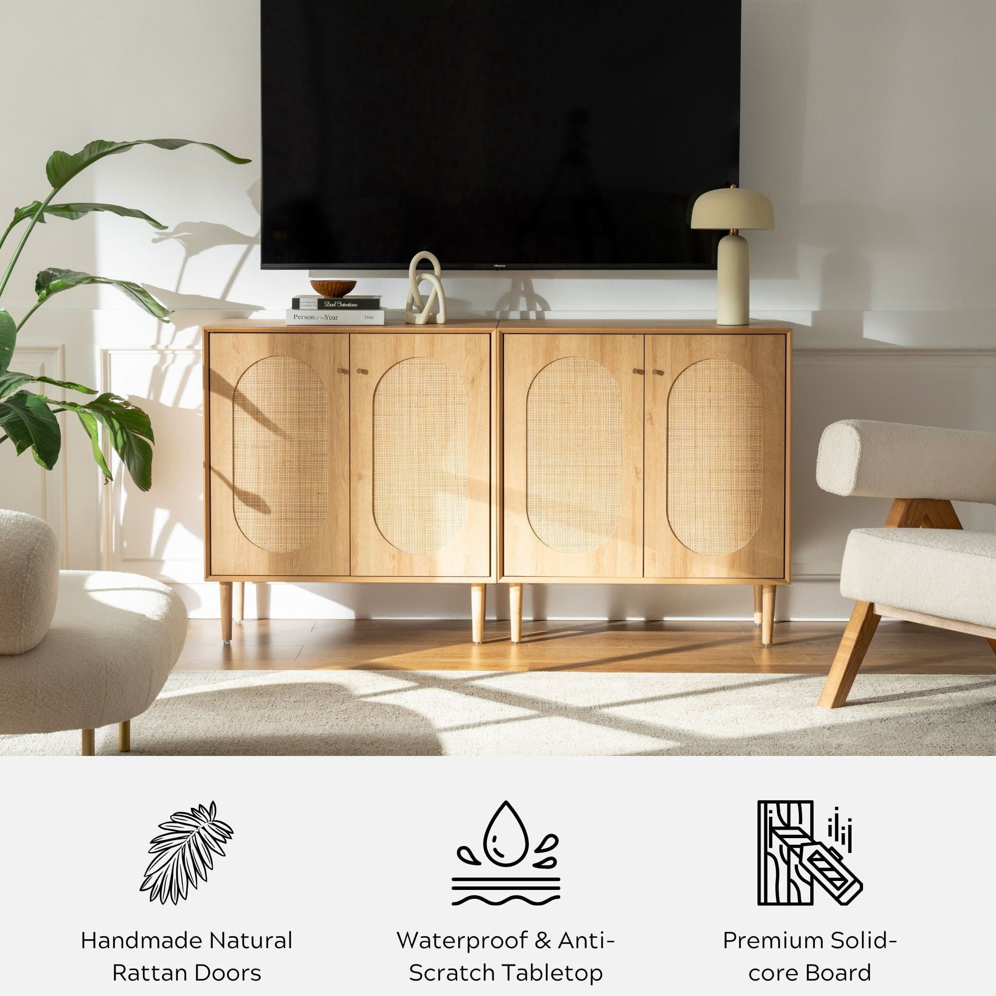 EYYTHUNG Farmhouse Accent Cabinet Set of 2 with Adjustable Shelves, Rattan Sideboard Storage Cupboard, Natural Oak